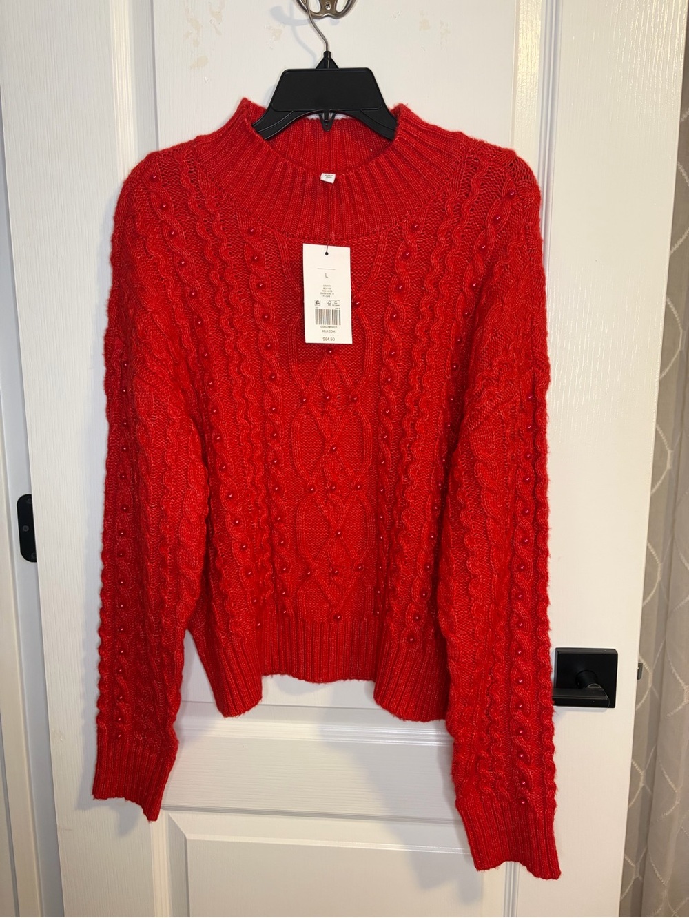 Crown Bright Red Cable Knit Crewneck Sweater with Bead Accents